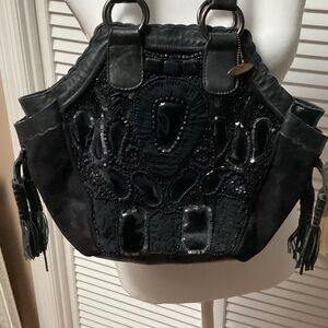 Mary Frances Black Beaded Shoulder Bag